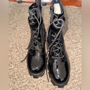 Black Patent Leather Lace-Up Combat Boots - Women